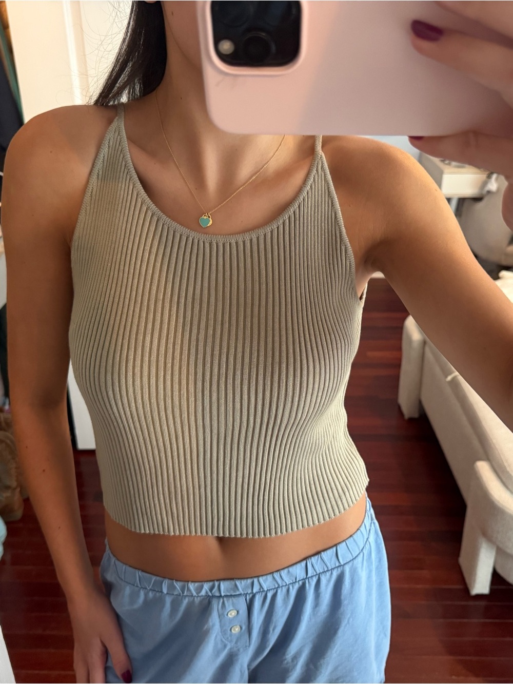 Scoop Neck Ribbed Crop Cami in Sage